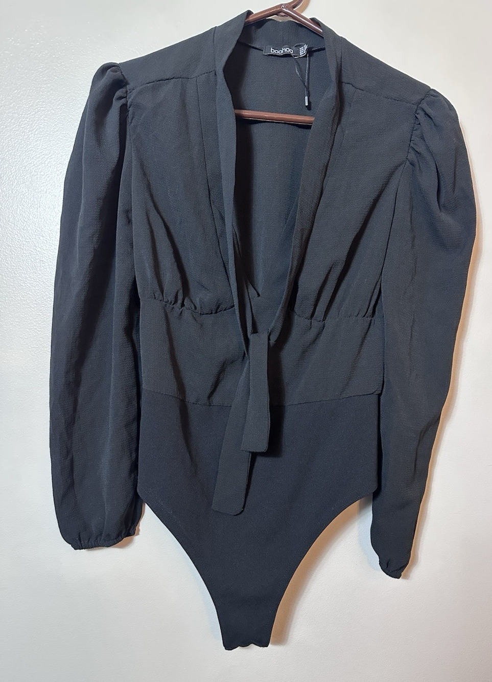 Boohoo Womens Top Size US 10 Black Plunge Tie Neck Bodysuit Long Sleeve New NWOT